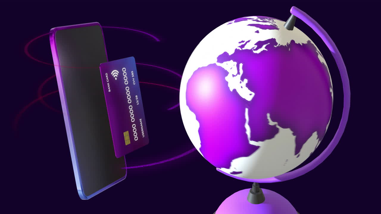 Animation of credit card with smartphone and globe on black background
