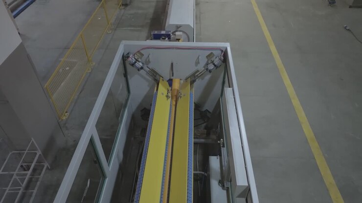 Aerial view capturing an automated machine used at manufacturing of PVC pipes at Karachi, Pakistan.