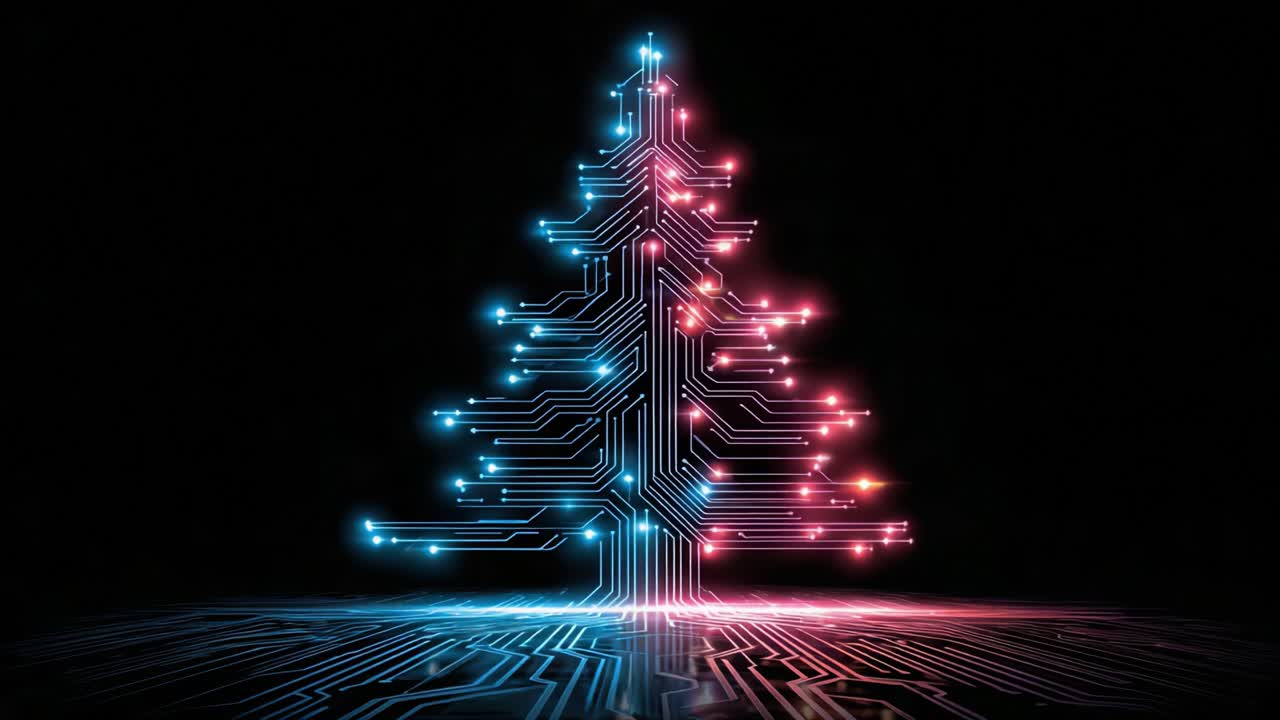 A Vibrant Digital Christmas Tree Illuminated with Neon Lights and Circuit Patterns, Showcasing the Fusion of Technology and Holiday Spirit in a Dark Background