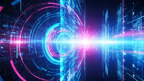 dynamic visualization of futuristic digital landscape, featuring vibrant circular patterns and pulsating light in a high-tech environment