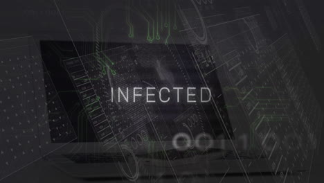 animation of infected text over computer circuit board and data processing