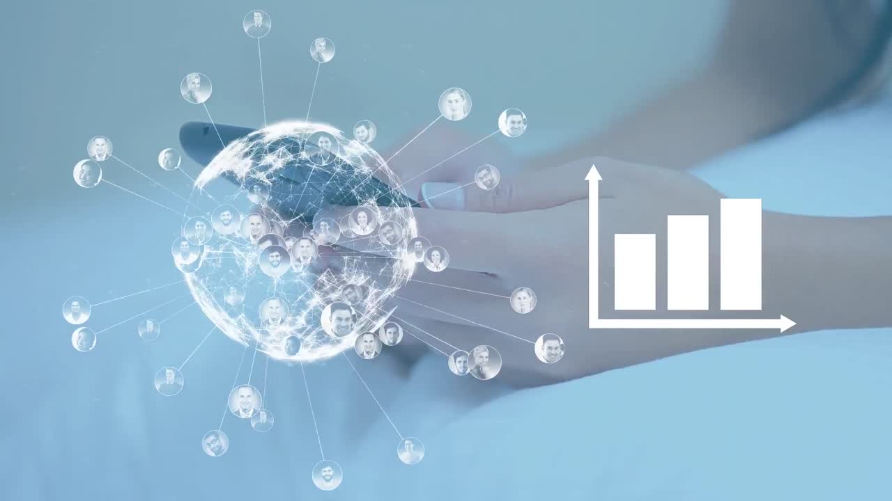 스마트폰을 사용하는 백인 여성에 대한 지구와 그래프의 애니메이션