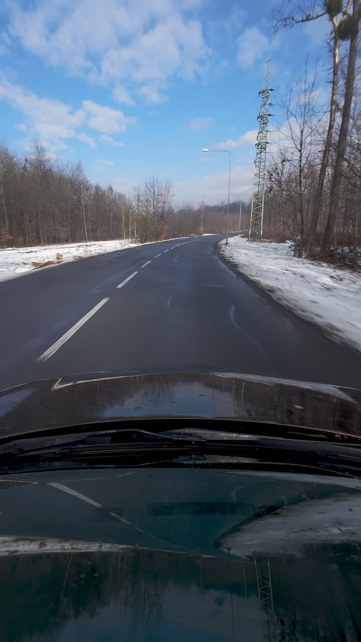 Inquadratura verticale dall'interno di un veicolo che viaggia lungo una strada di campagna assolata, fiancheggiata da alberi spogli. Adatto per temi di viaggio e trasporto stagionale.