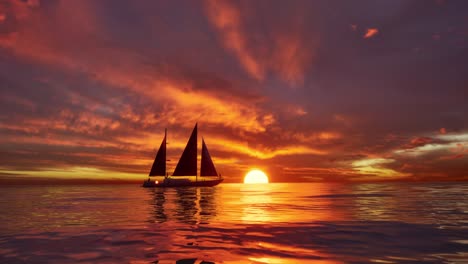 a cinematic scene of small sailing yacht boat sailing along the golden calm waters on lake, river, sea or ocean. beautiful sunset or sunrise, relaxation, calmness, sailing, sailors. luxury living