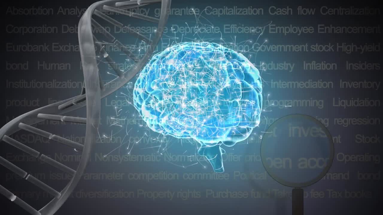 파란색 배경의 텍스트 위에 디지털 뇌와 dna  ⁇ 의 애니메이션