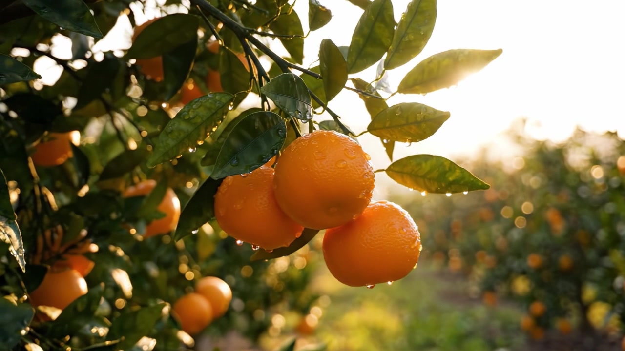 Arance vivaci appese a rami verdi e rigogliosi in un frutteto illuminato dal sole, catturando l'essenza della freschezza e l'abbondanza della natura.