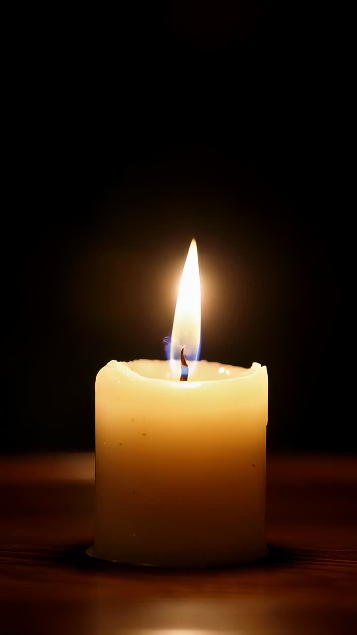 Video verticale: candela accesa che oscilla su un tavolo di legno, facendo colare la cera sullo stoppino e consumandosi fino a diventare brace