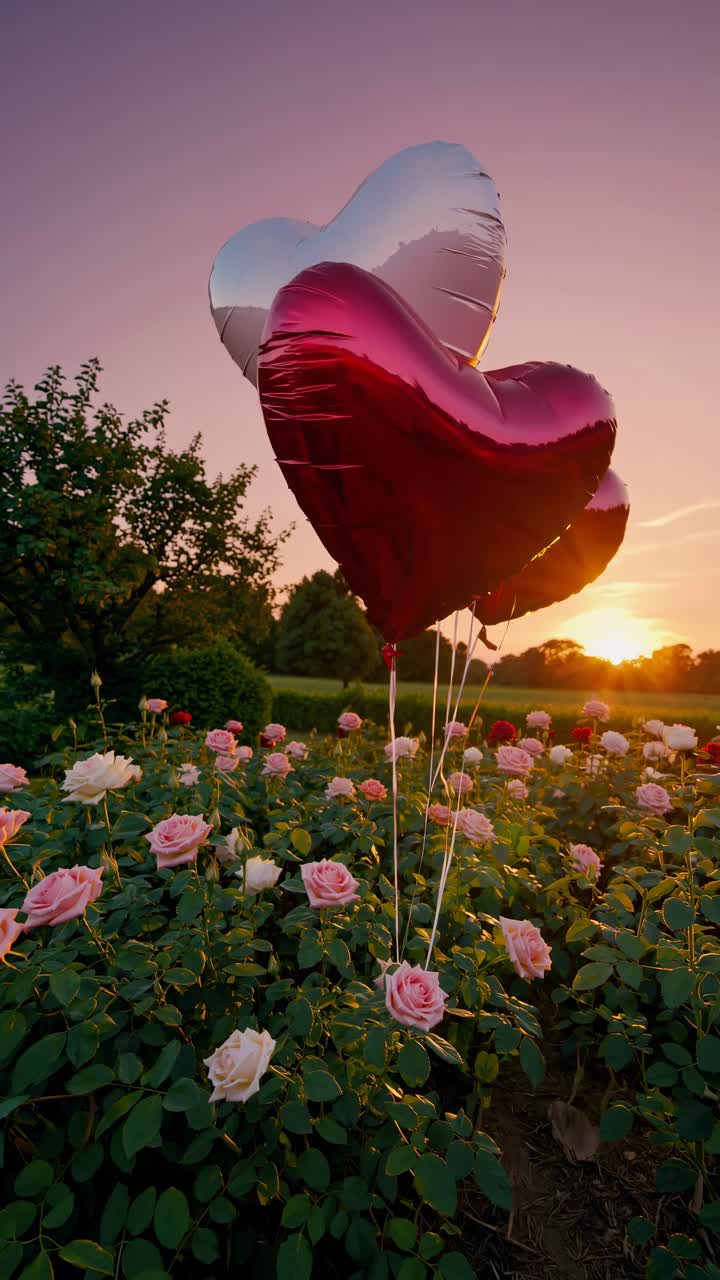 Low-angle video shot of heart-shaped balloons floating above a rose garden at sunset