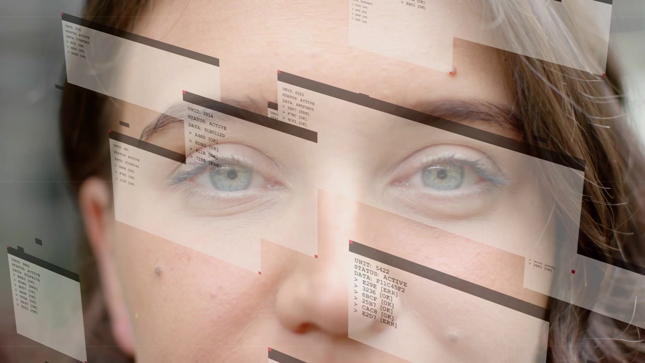 Woman holding eyes closed while frosted tech UI panels sweeping, eliciting eye opening and smiling