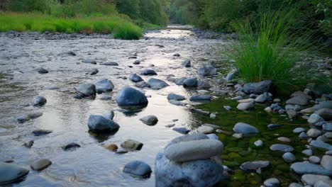 Sun-reflecting-on-a-gentle-river-at-the-end-of-the-day-as-it-flows-downstream,-casting-a-golden-glow-on-the-water,-creating-a-serene-and-picturesque-scene-of-natural-beauty