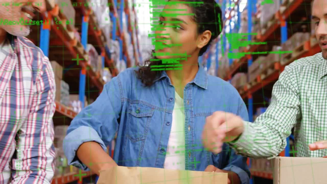 animación del procesamiento de datos sobre diversas personas que trabajan en el almacén