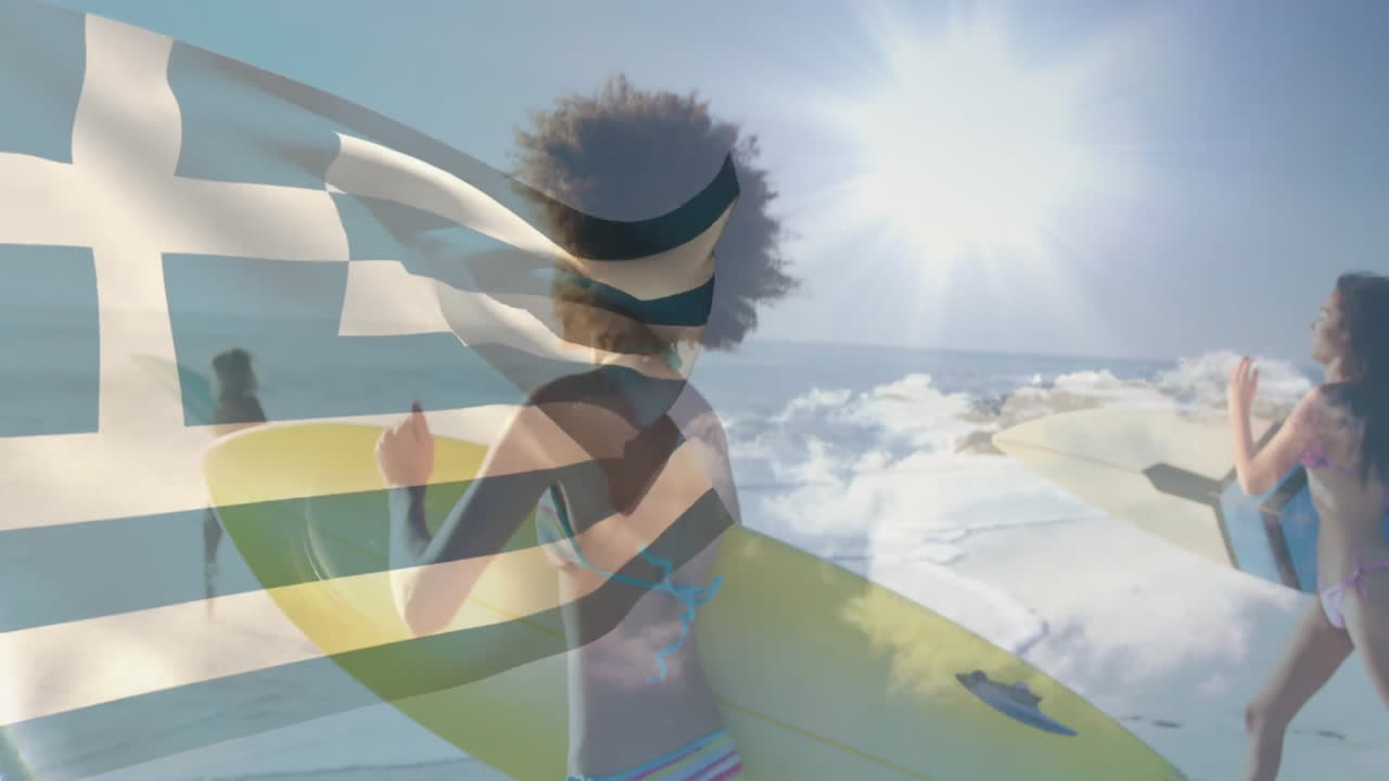 Carrying surfboards, surfers on beach with Greek flag animation and bright sun