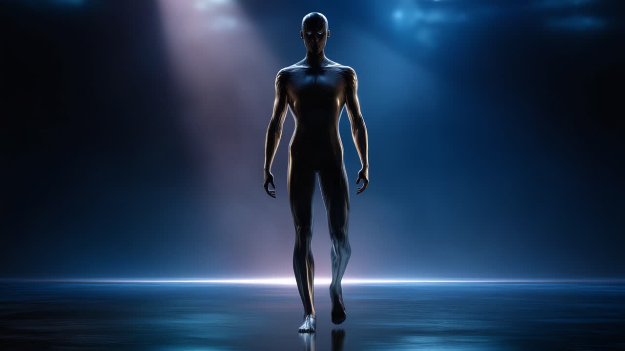 Una sorprendente scultura digitale che presenta una figura lucida e senza lineamenti, in piedi in un ambiente etereo e illuminato dalla luce che irradia mistero e intrigo.