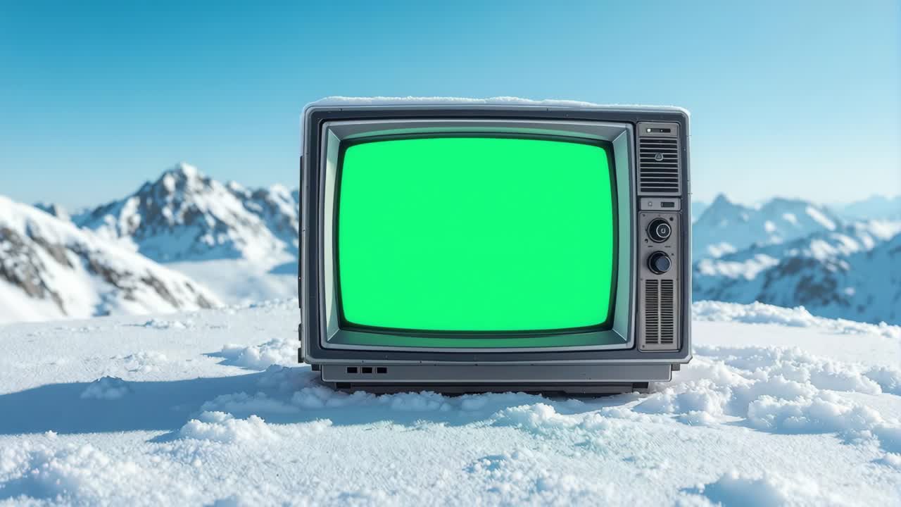 Vintage television set placed on a snowy mountain landscape, featuring a bright green screen, surrounded by majestic peaks and clear blue skies, creating a unique mock up design opportunity