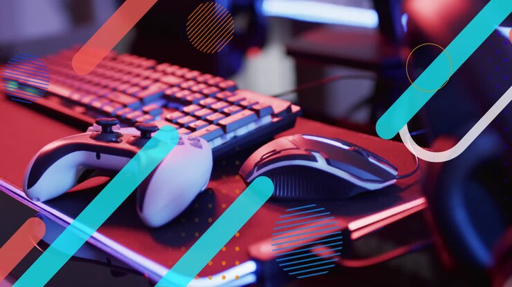 Animazione di linee al neon su apparecchiature informatiche per videogiochi