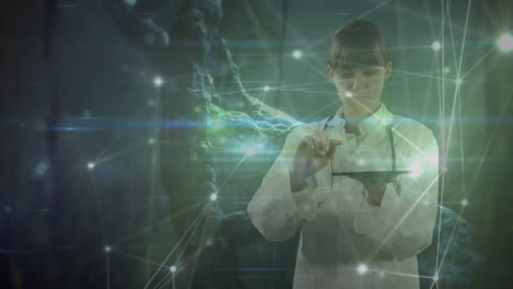 animation of glowing network of connections over caucasian female doctor using digital tablet