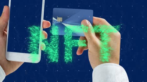 animación de nft sobre mujer caucásica con teléfono inteligente y tarjeta de crédito