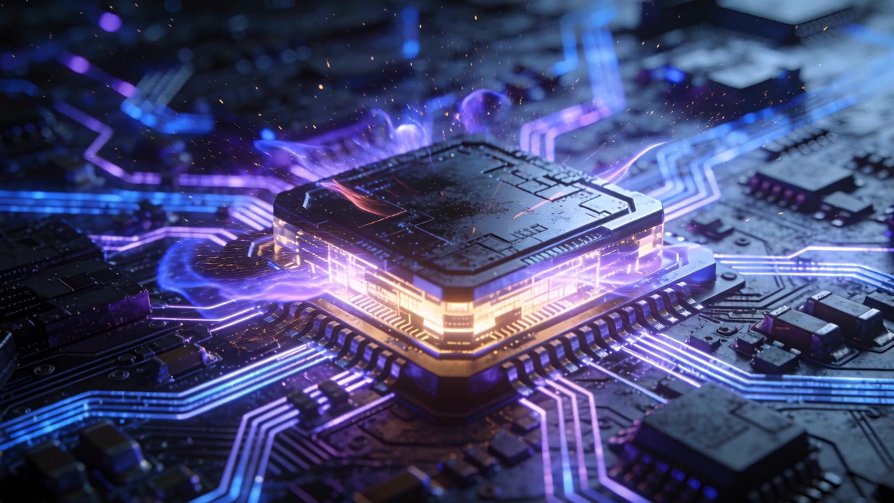 Receiving power, processor powering up on PCB, emitting amber light, blue-purple traces and sparks