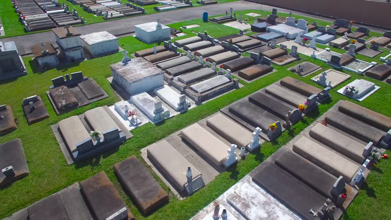 루이지애나 공동묘지 위의 안테나는 멀리 있는 거대한 화학 공장 정제소를 보여줍니다. 1