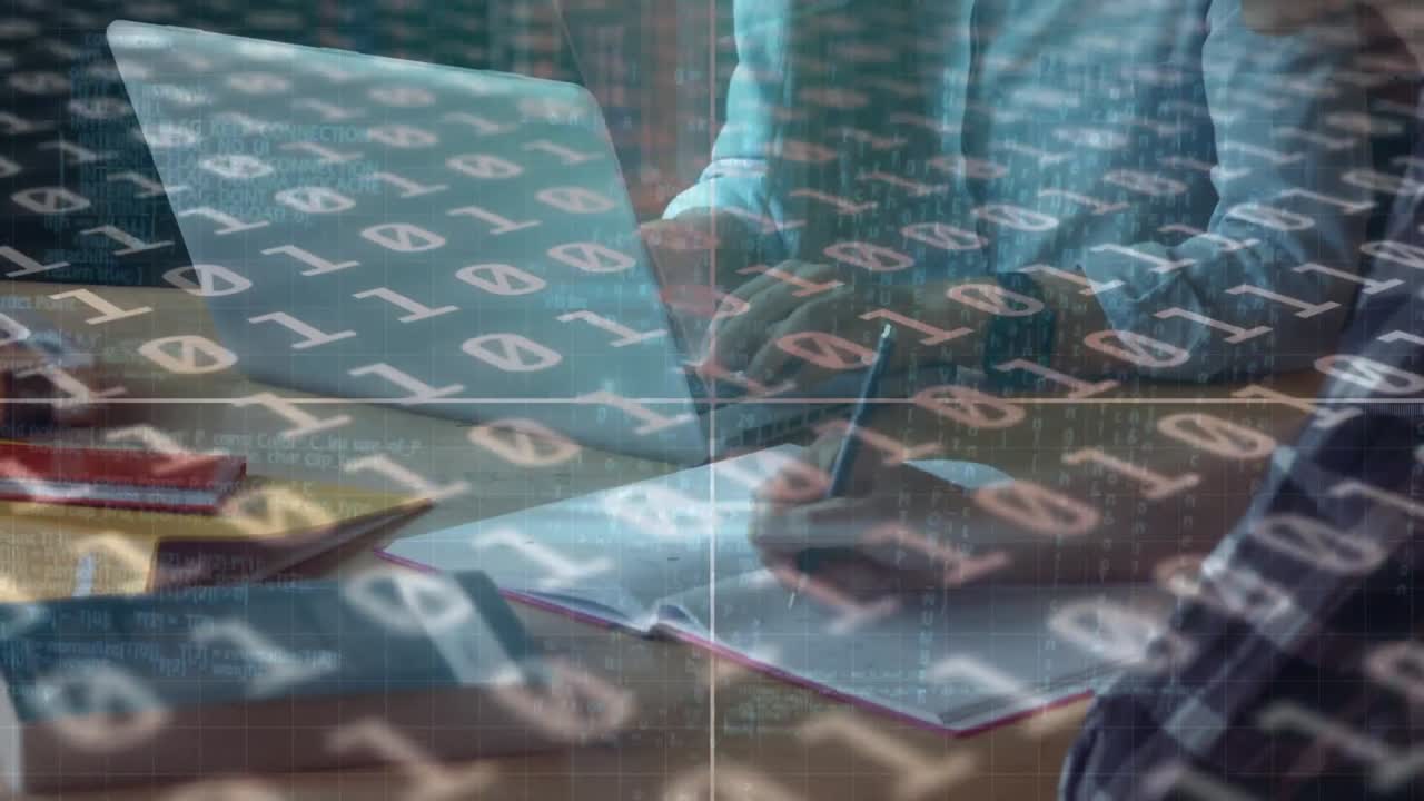 animación de código binario, círculo con rayos sobre la sección media de los estudiantes caucásicos que estudian en la biblioteca