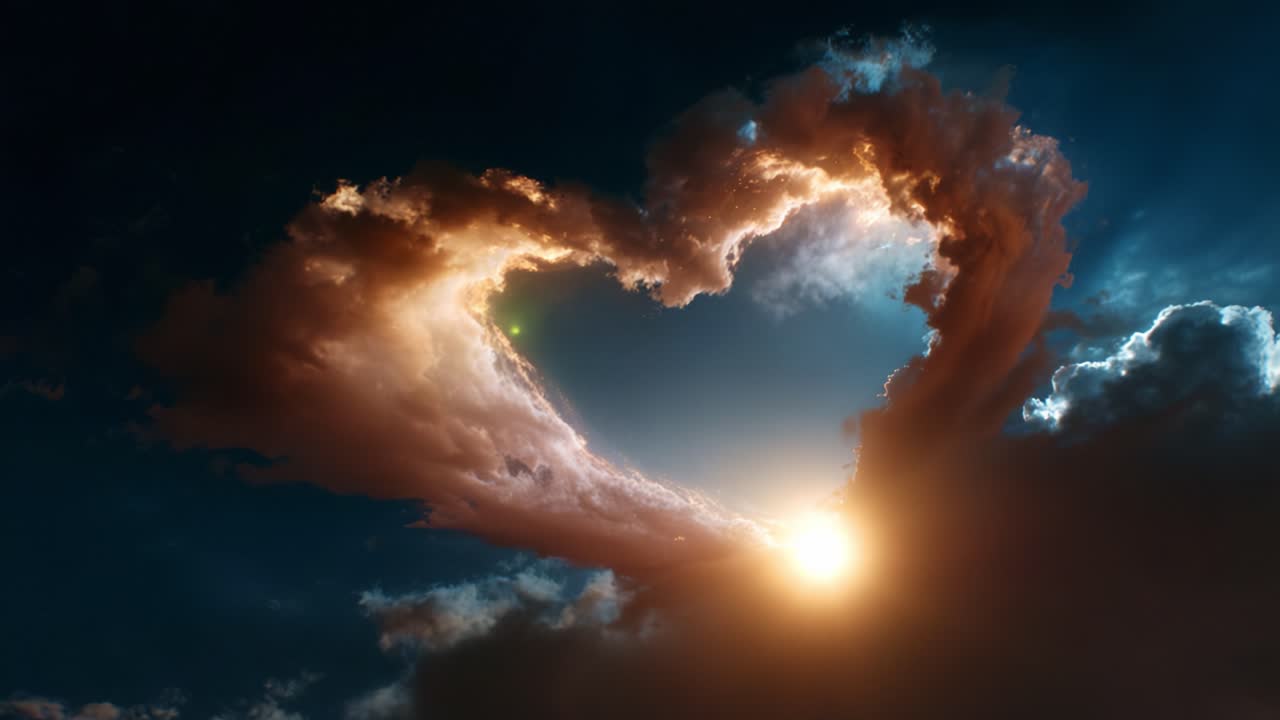 A captivating heart-shaped cloud formation illuminated by radiant sunlight against a backdrop of deep blue skies, creating a serene and romantic atmosphere in nature's artwork