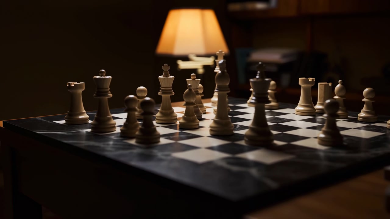 Wooden chess pieces rest across black-and-white checkered board on dark table inside dim room, with amber lamp glow, soft shadows, polished texture, bookshelf background, calm strategic mood