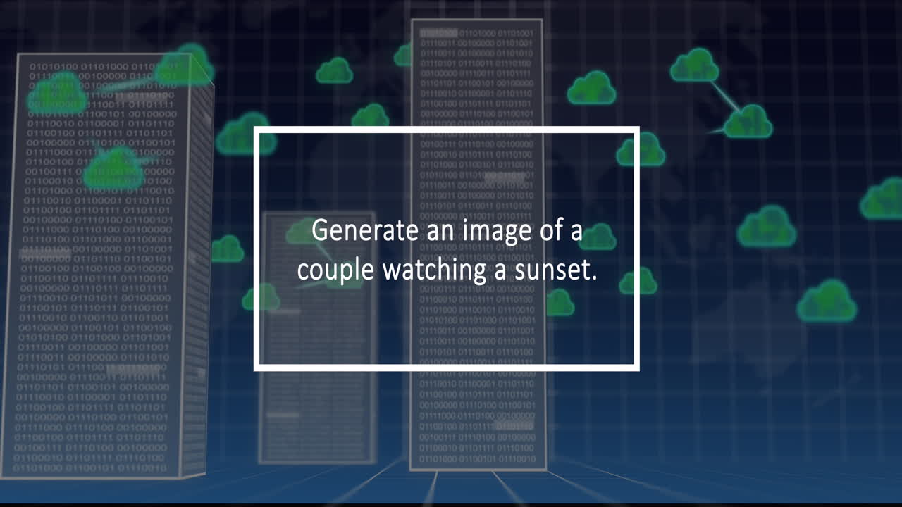Animation of ai text and data processing over servers and clouds