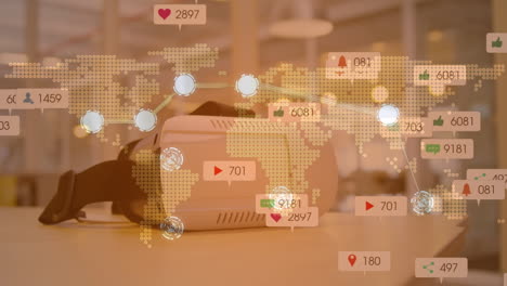 animación de la red de puntos en el mapa del mundo y notificaciones de las redes sociales a través de auriculares vr