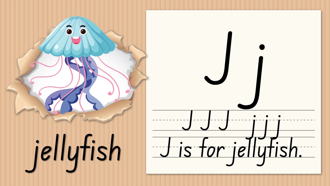 Animated educational video teaching the letter J using a cartoon jellyfish on lined paper background