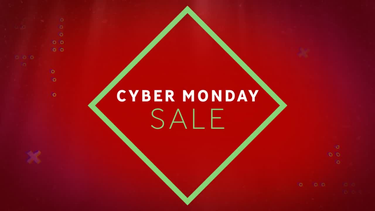 Animation of cyber monday text banner over abstract shapes against red background