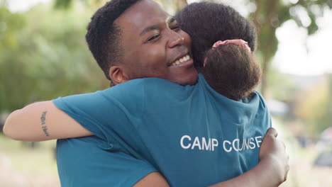 couple, hug and happy while camping in nature