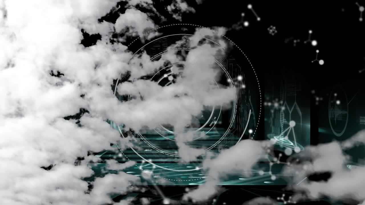 구름, 떠다니는 분자 및 인포그래픽 인터페이스를 통해 레이더의 애니메이션