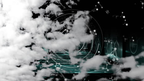 animation of clouds, floating molecules and radar over infographic interface