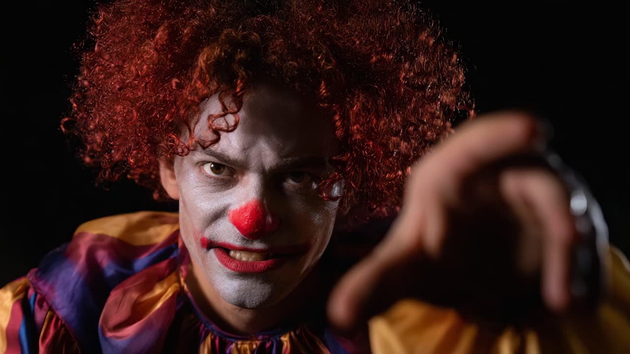 En truende klovn nærmer sig med et skummelt grin. Han har en iøjnefaldende makeup, vildt hår og et uhyggeligt udtryk, der vækker frygt og ubehag.