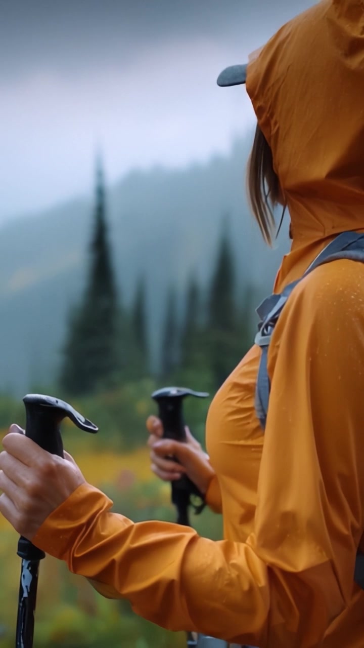 Avventuriero nella natura selvaggia e piovosa: Un escursionista con una giacca arancione e bastoncini da trekking contro uno sfondo montano nebbioso cattura lo spirito dell'esplorazione all'aperto.