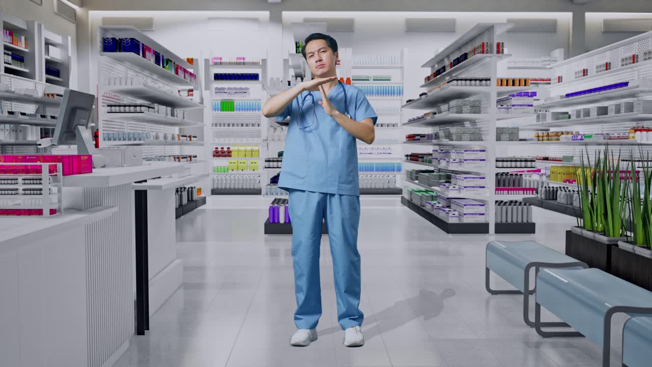 스테토스코프를 가진 아시아 남성 의사의 몸이 가득 차 있습니다. 약국에서 손으로 제스처를 하고 있습니다.