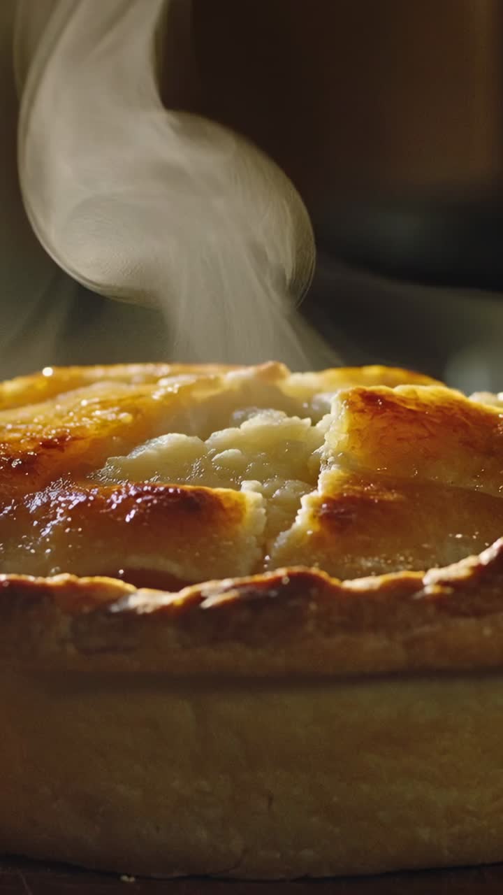 Vertical video: Cutaway pie revealing steaming filling and releasing steam at kitchen counter