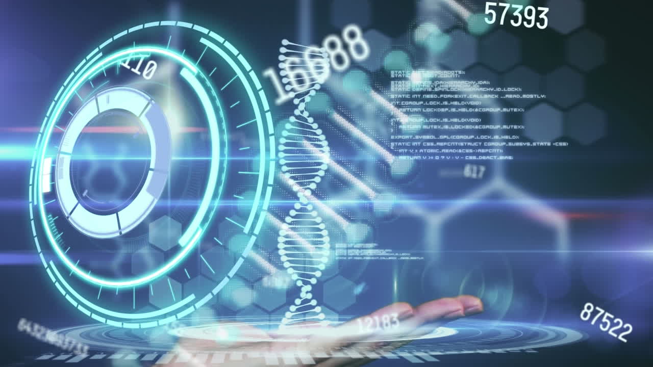 검은색 배경에 스 ⁇  스캔, dna 스트랜드 및 데이터 처리 애니메이션