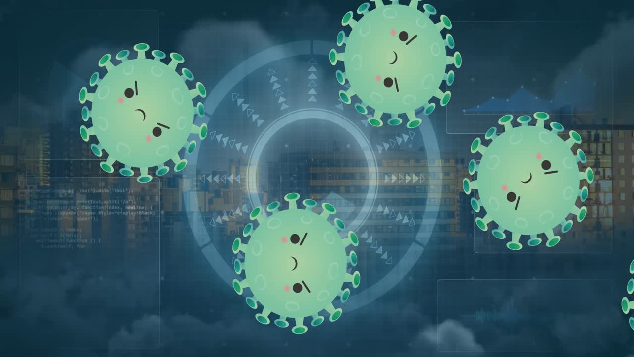 코로나 19 세포의 애니메이션과 도시 풍경의 범위