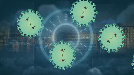 Animation of covid 19 cells and scope with cityscape