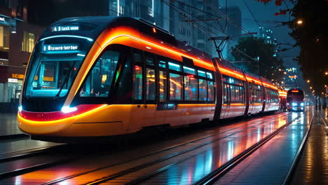 brightly lit tram travels through urban streets at night