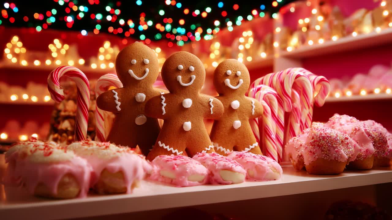 A Festive Display of Cheerful Gingerbread Cookies, Candy Canes, and Colorful Cupcakes, Set Against a Twinkling Background of Holiday Lights, Capturing the Essence of Christmas Treats and Joyous Celebrations