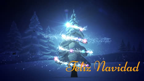 animación de feliz navidad texto y estrella fugaz girando sobre el árbol de navidad en el paisaje de invierno