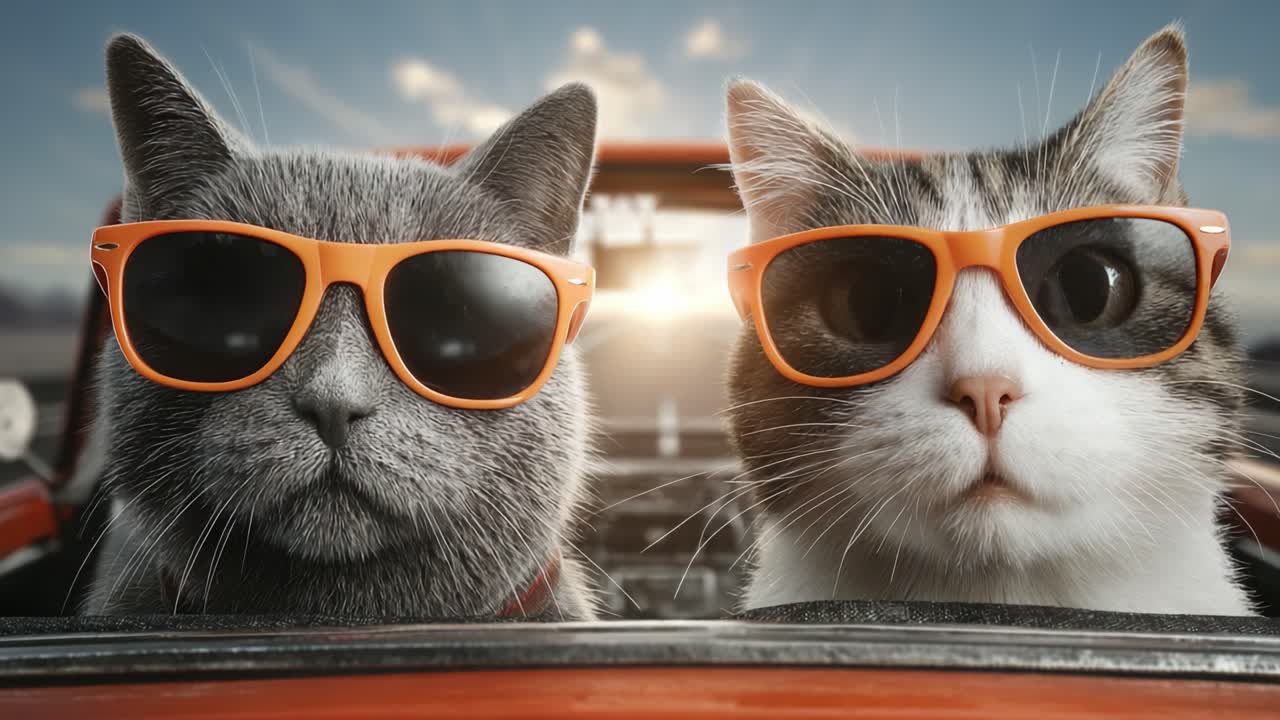 Due gatti alla moda con occhiali da sole arancioni si godono un giro panoramico, catturando un momento giocoso pieno di fascino e divertimento nel loro veicolo alla moda.