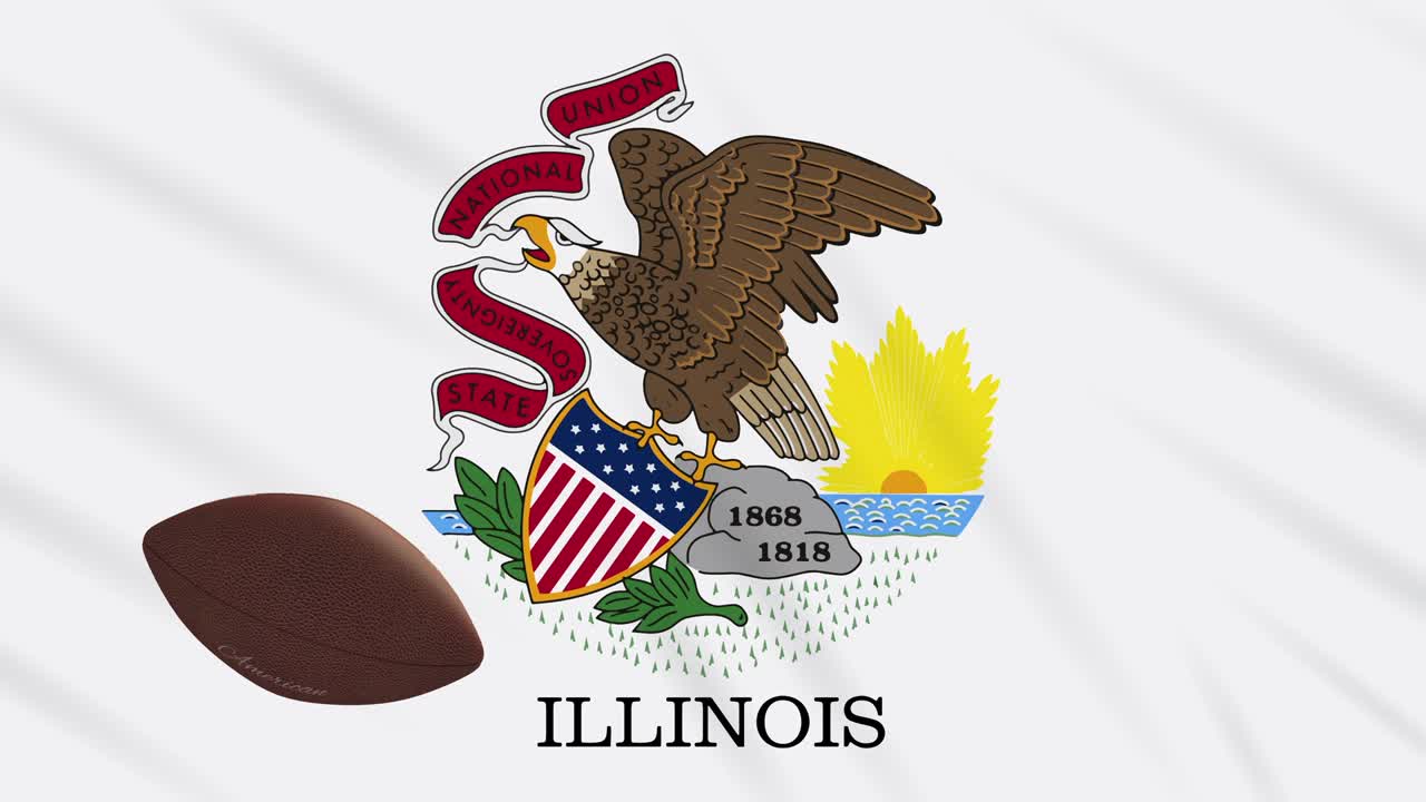 bandera de illinois agitando y la pelota de fútbol americano gira, bucle