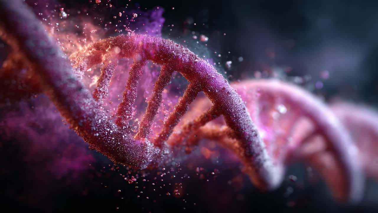 Exploring the Intricacies of DNA: A Magnified View of a Double Helix Engulfed in Vibrant Colors and Ethereal Particles Signifying Biological Complexity