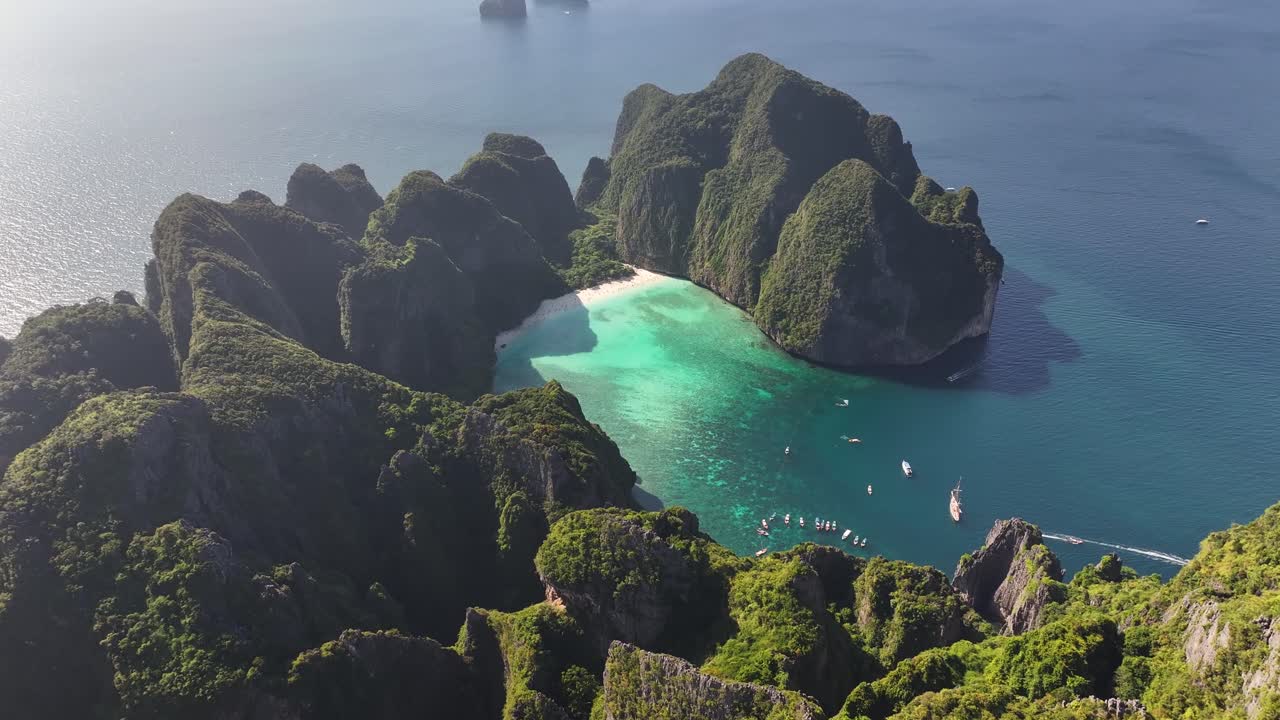 Aerial view of famous The Beach, Maya Bay in Koh Phi Phi Lee Island, Thailand. Nature wonder