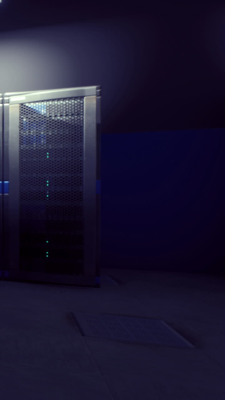 Server room with technology and lights at night in a dark setting