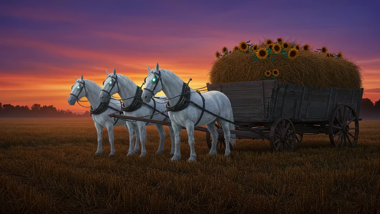 A Serene Sunset Scene Featuring Three Majestic White Horses Pulling a Rustic Wagon Filled with Sunflowers and Hay in a Golden Wheat Field