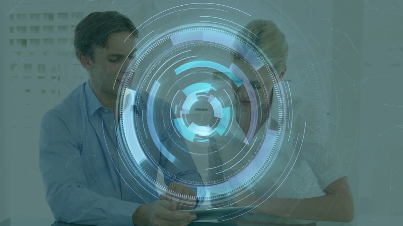 Futuristic digital interface animation over two people discussing in office setting
